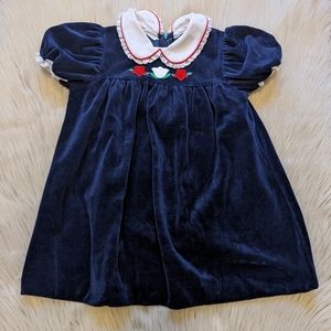 Vintage Petite Jardin navy blue velvet dress w/white collar floral embroidery 3T